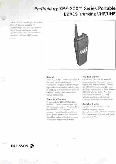 Буклет Ericsson Preliminary XPE-200 Series Portable EDACS Trunking VHF UHF, 55-1446, Баград.рф
